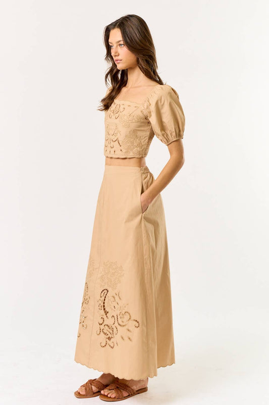 Puff Sleeve Embroidery Cropped Top & Skirt Set : Taupe