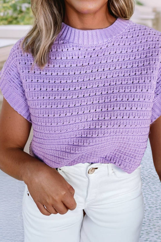 Pointelle knit Ribbed Trim Short Sleeve Sweater: Lavender