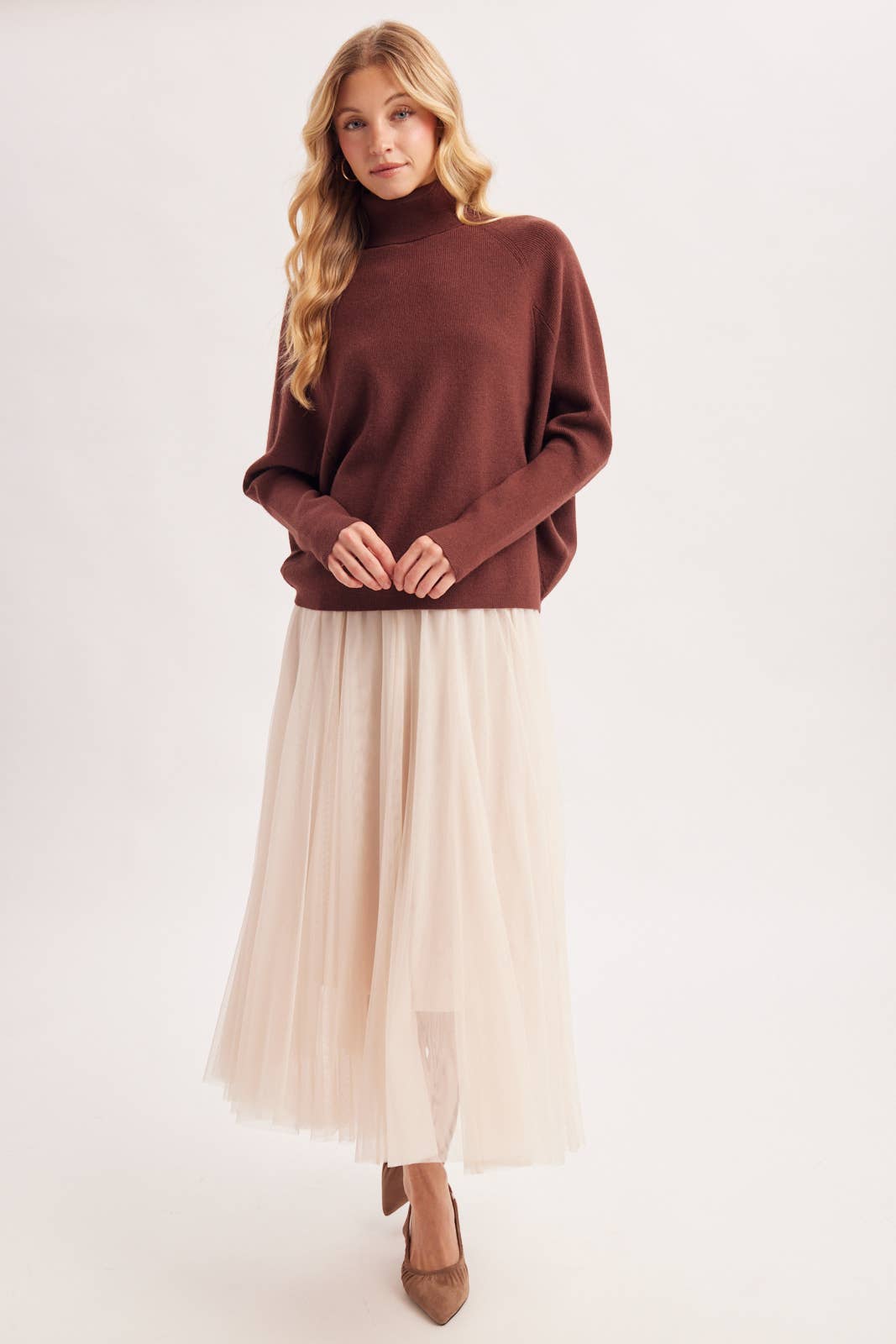 TURTLE NECK BATWING SLEEVED PULLOVER KNIT SWEATER: MELANG TAUPE