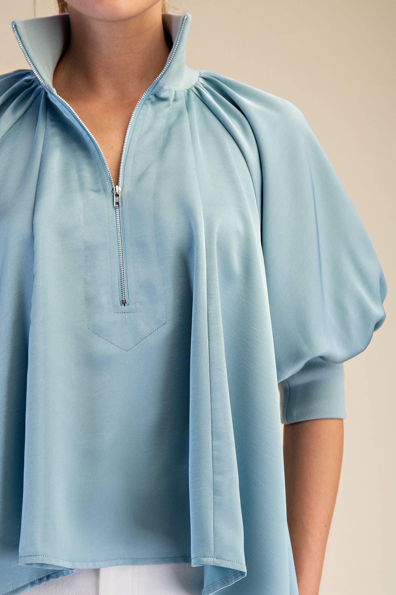 Mock Neck Band Puff Sleeve Elegance Blouse: Light Pink