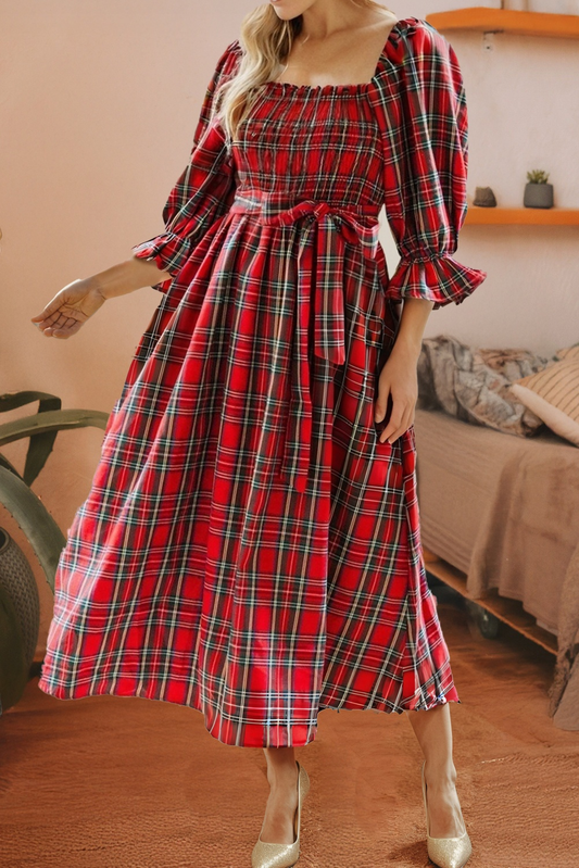Plaid Square Neck Puff Sleeve Knot Waist Flared Dress: Red