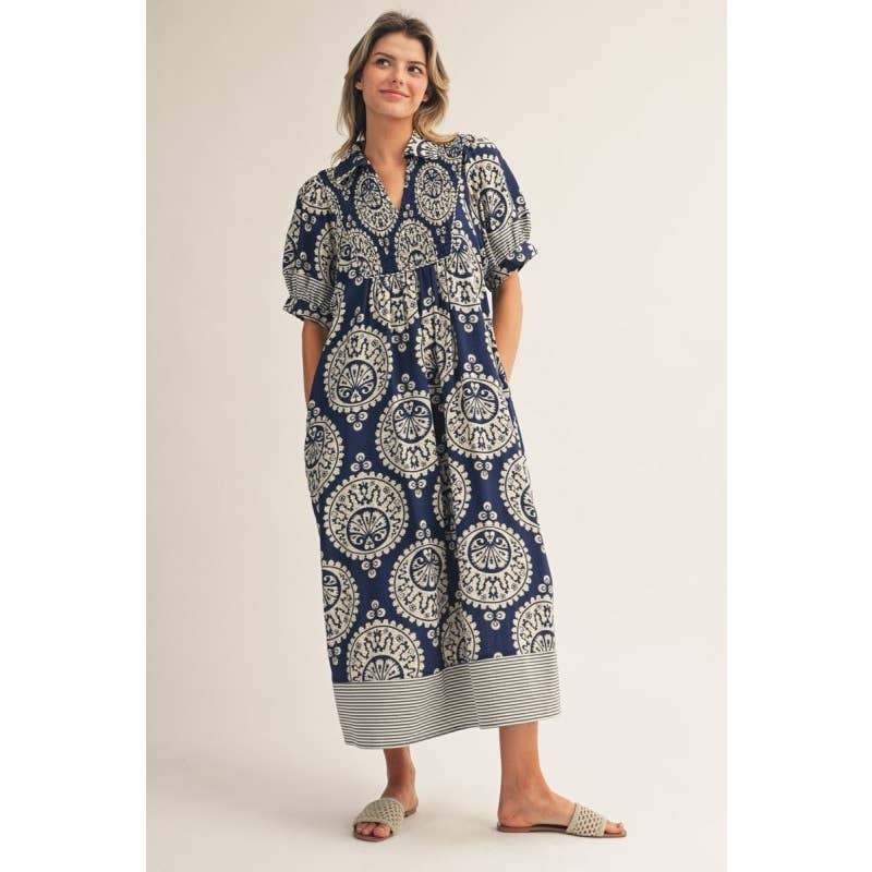 Geo Floral Midi Dress: PERIWINKLE