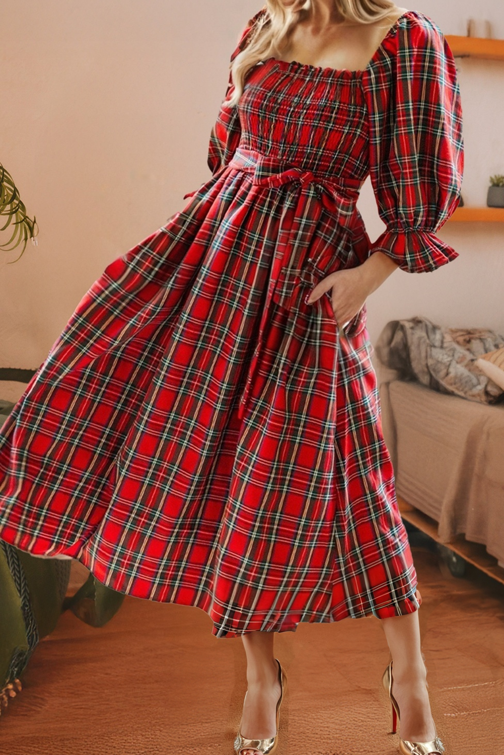 Plaid Square Neck Puff Sleeve Knot Waist Flared Dress: Red