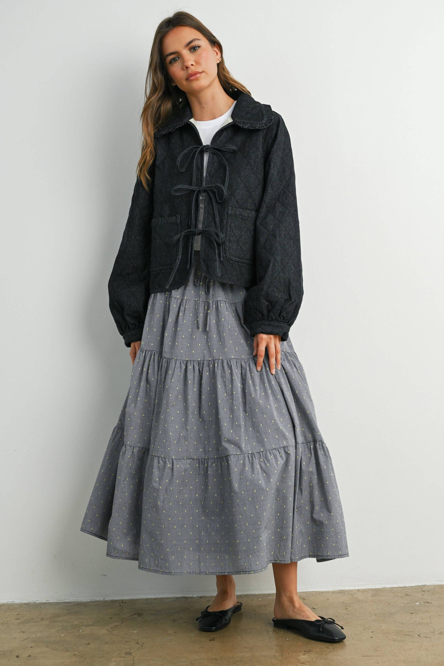 Quilted Long Sleeve Tie-Front Jacket - DENIM