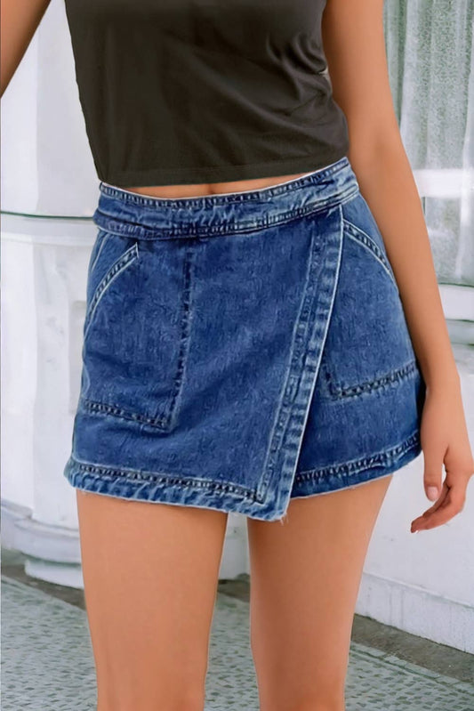 Faux Wrapped Mini Denim Skort: Ashleigh Blue