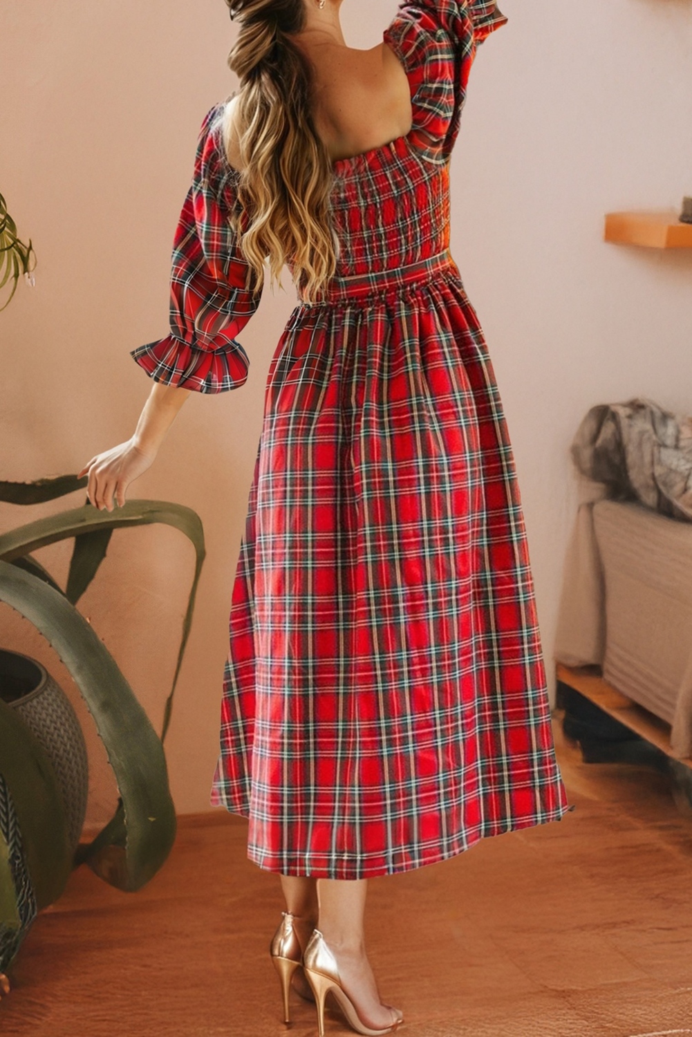Plaid Square Neck Puff Sleeve Knot Waist Flared Dress: Red