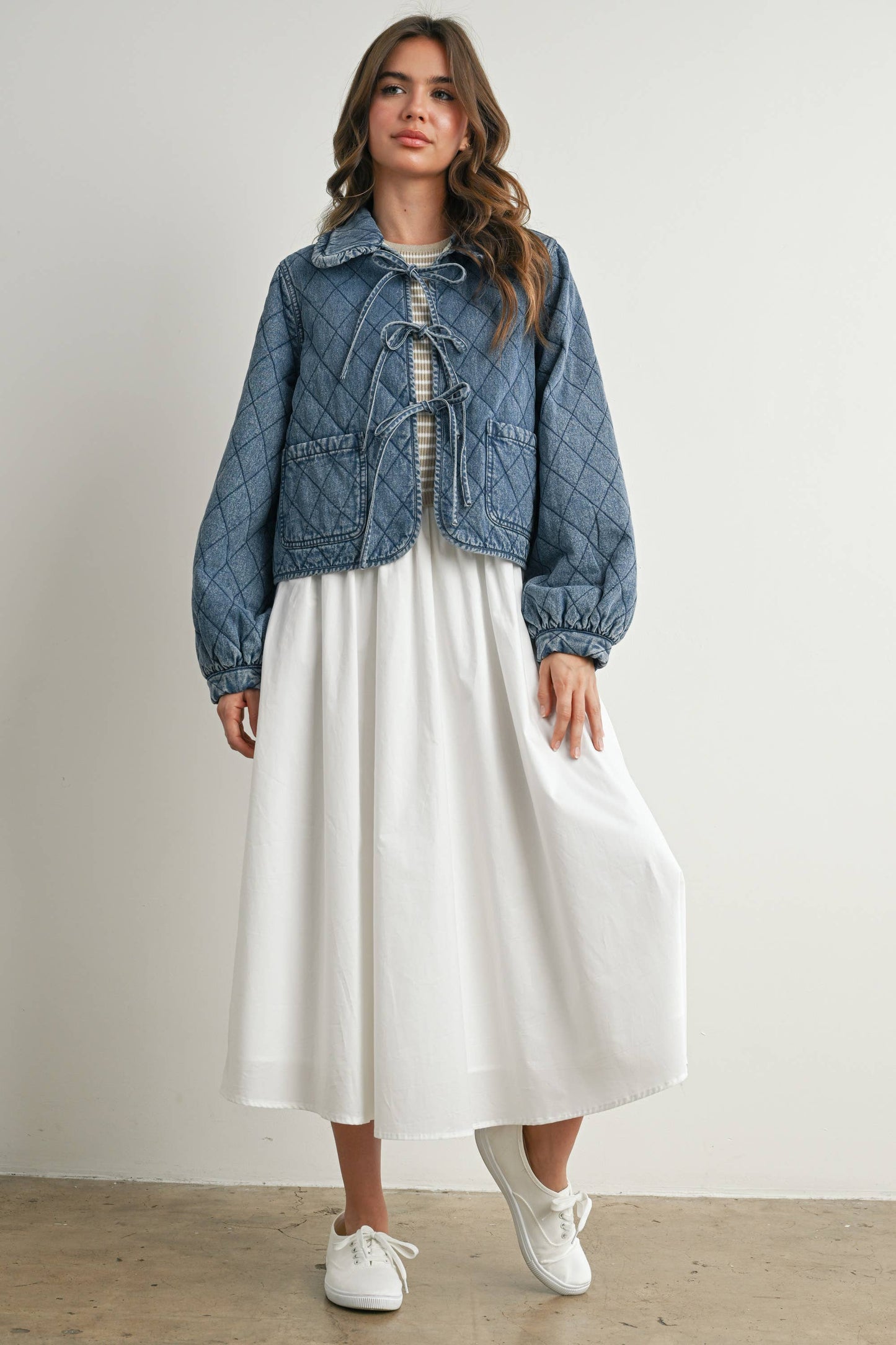 Quilted Long Sleeve Tie-Front Jacket - DENIM