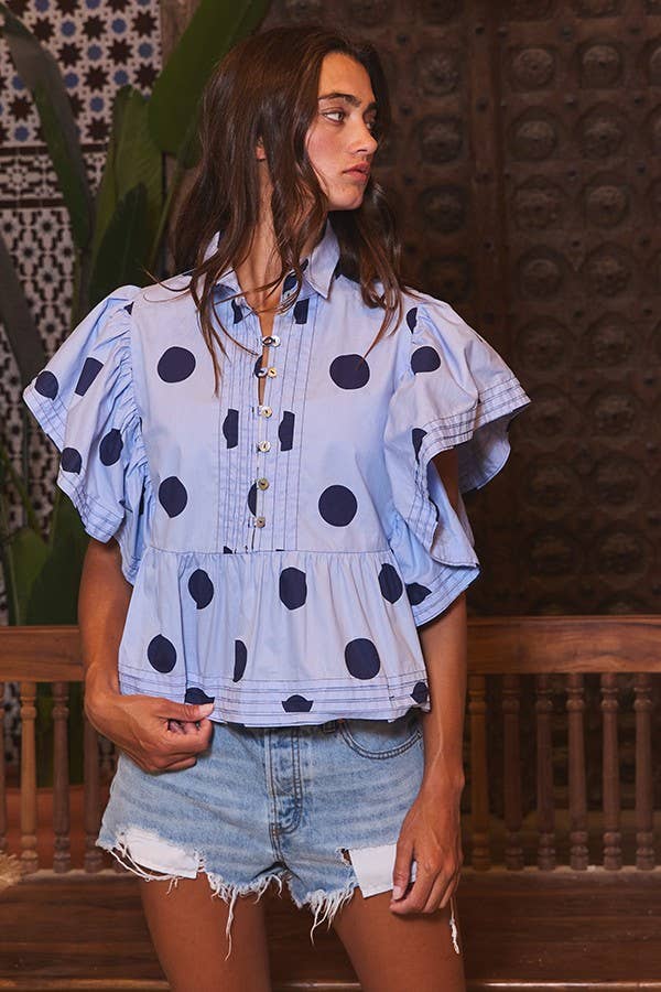 Ruffle Sleeves Pintuck Detail Polka Dot Print top: CREAM/BLACK