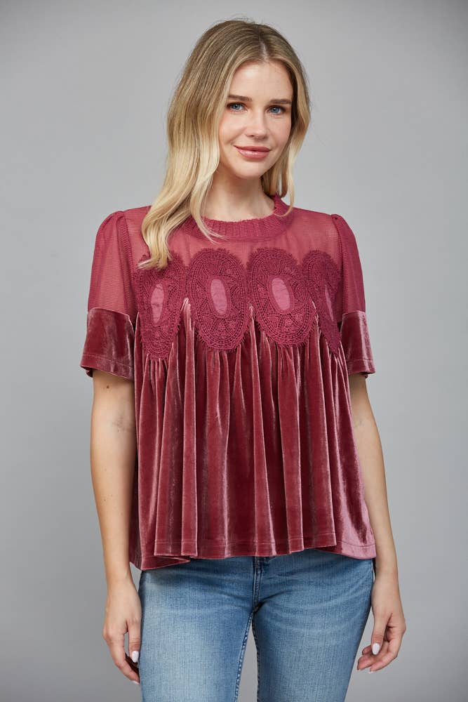 LACE DETAIL VELVET BABYDOLL TOP: WOODROSE