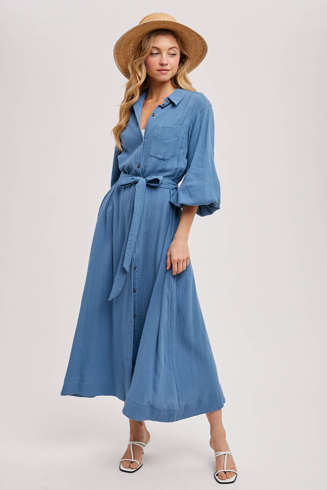 BUBBLE SLEEVE BELTED SHIRTS MIDI DRESS: MUSHROOM