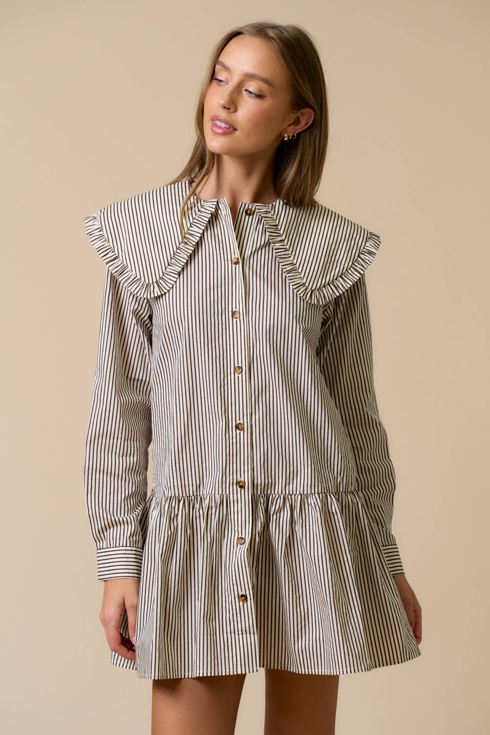 Long Sleeve Mini Dress with Oversized Collar: Cream/Brown