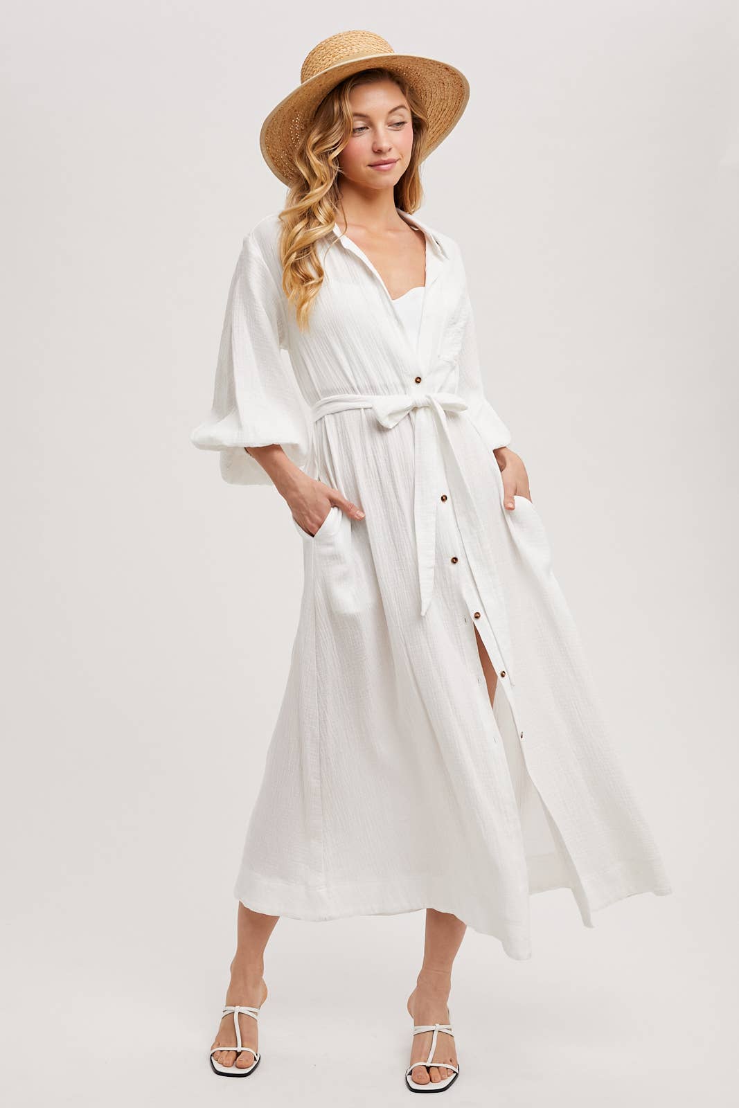 BUBBLE SLEEVE BELTED SHIRTS MIDI DRESS: MUSHROOM
