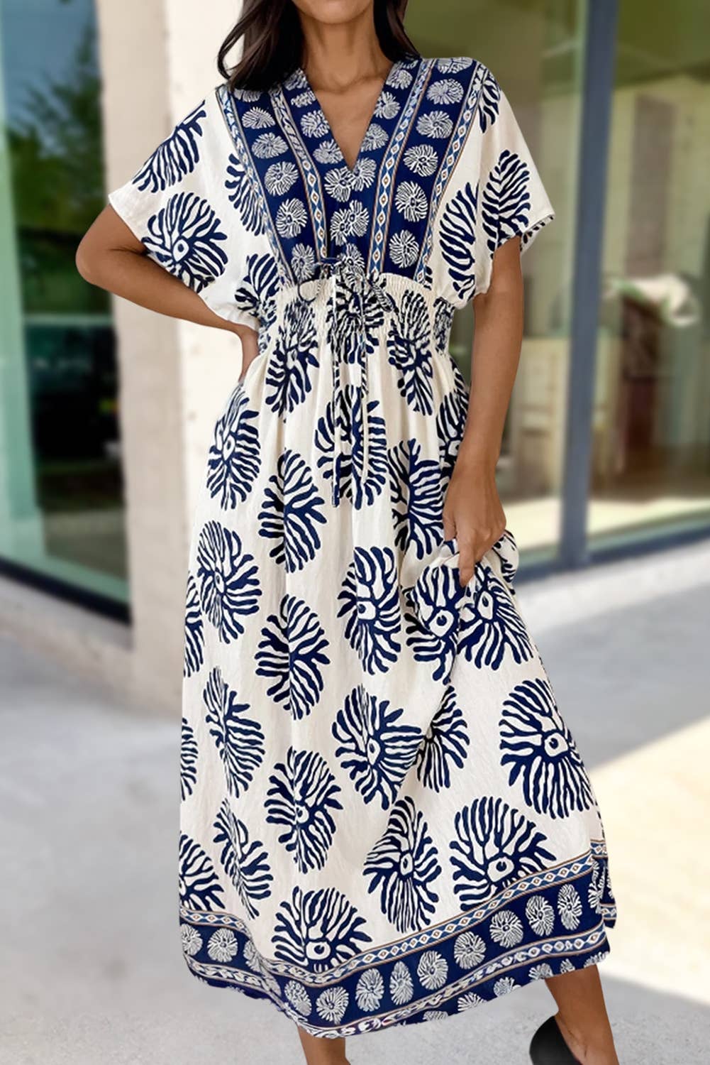 Boho Print Contrast V Neck Dolman Maxi Dress: Blue