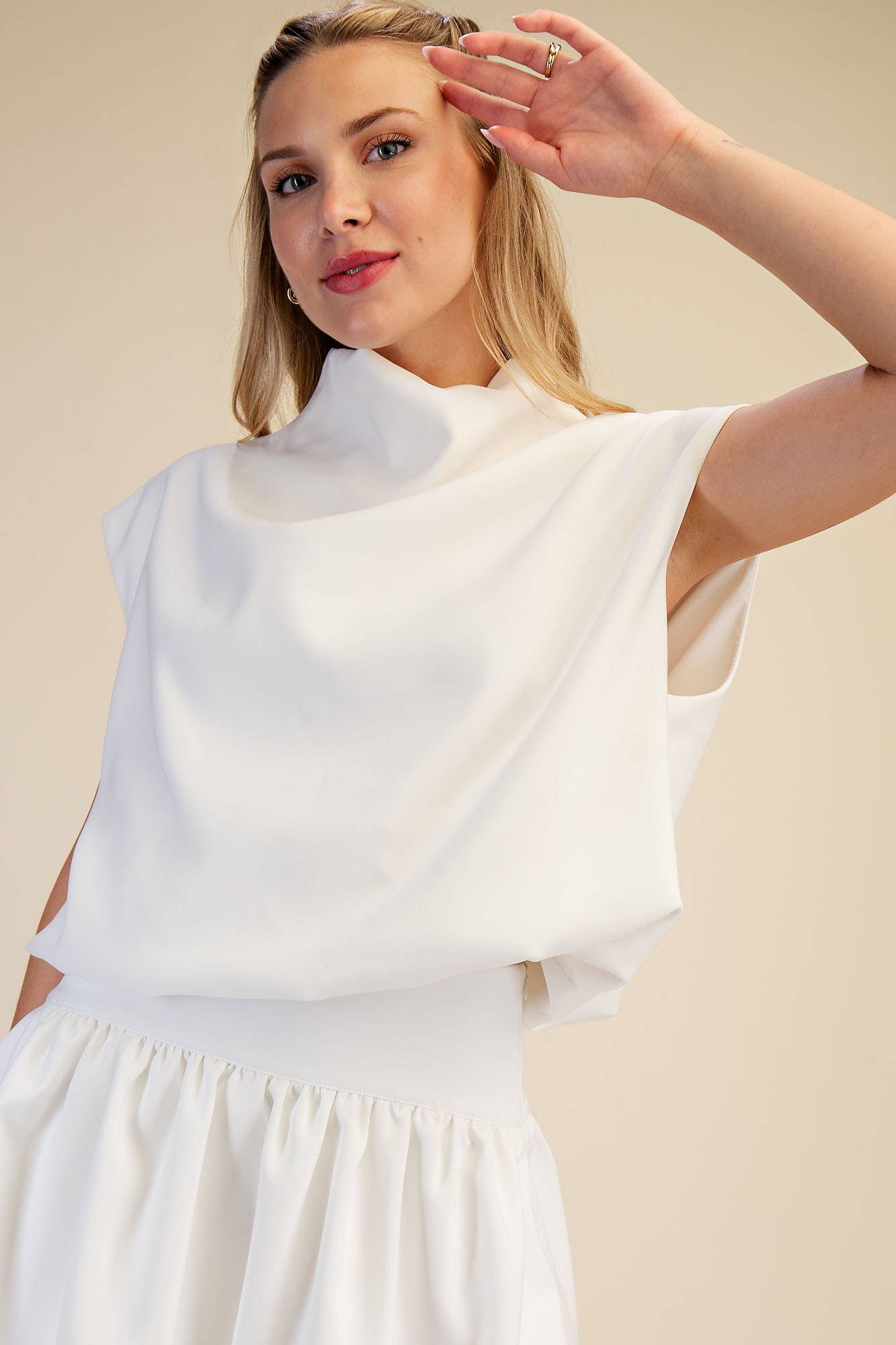 Mock Neck Balloon Top: Ivory