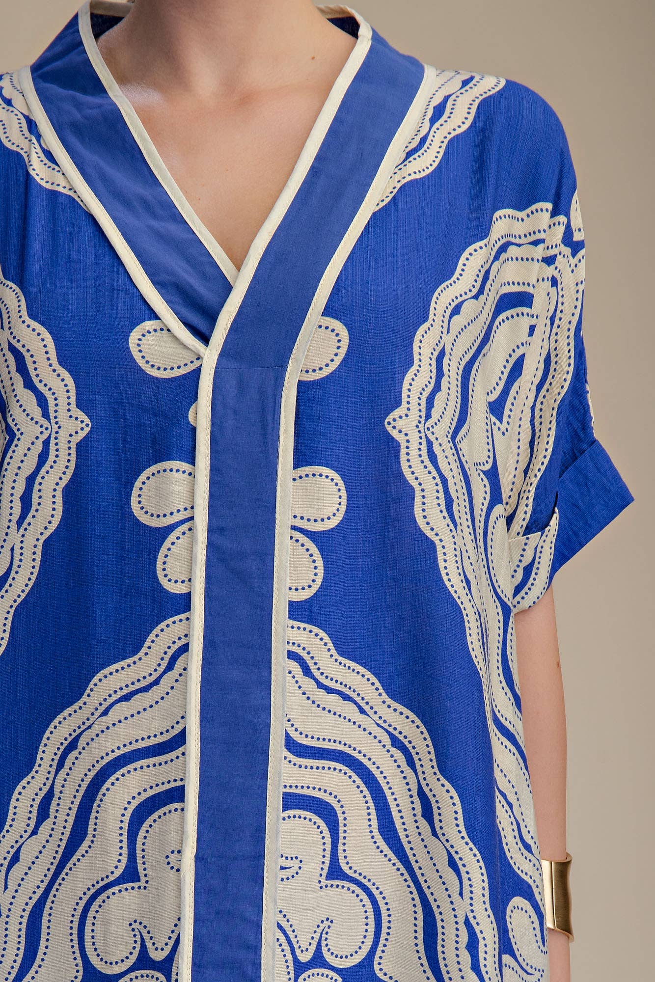V-Neck Short Sleeve Maxi Print Dress: Blue
