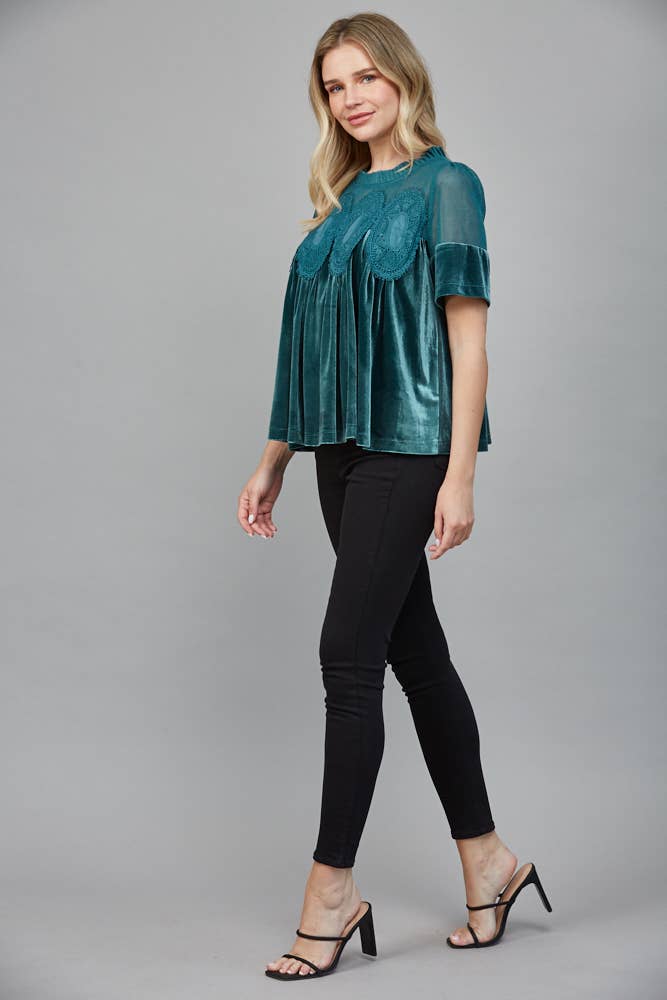 LACE DETAIL VELVET BABYDOLL TOP: WOODROSE
