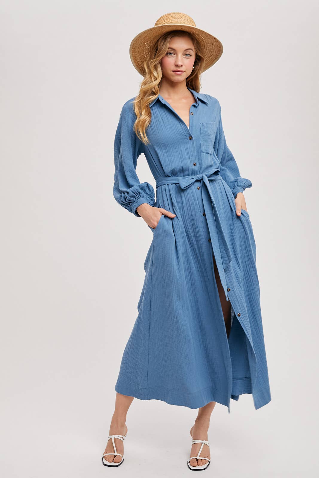 BUBBLE SLEEVE BELTED SHIRTS MIDI DRESS: MUSHROOM