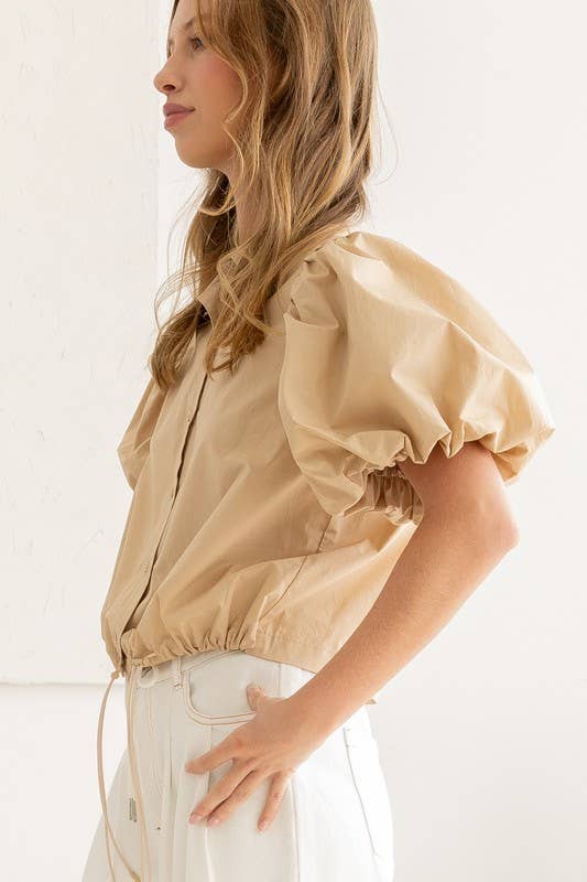Drawstring Hem Puff Sleeve Blouse: LATTE