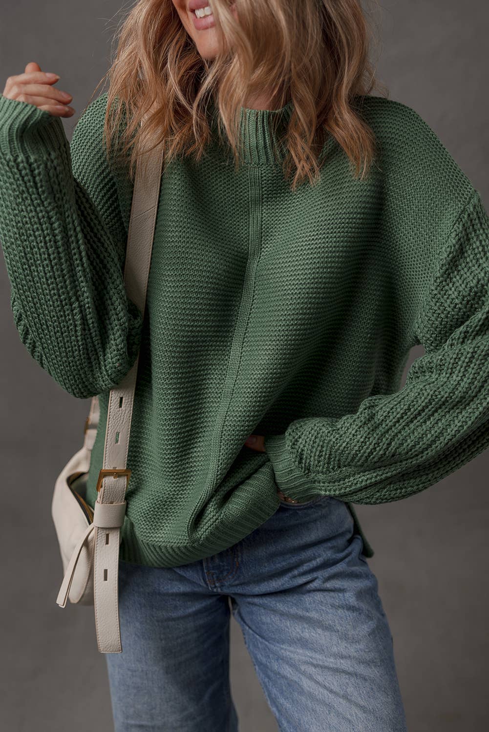 Solid Color Mix Texture Knit Front Seam Detail Sweater: Dirty blue