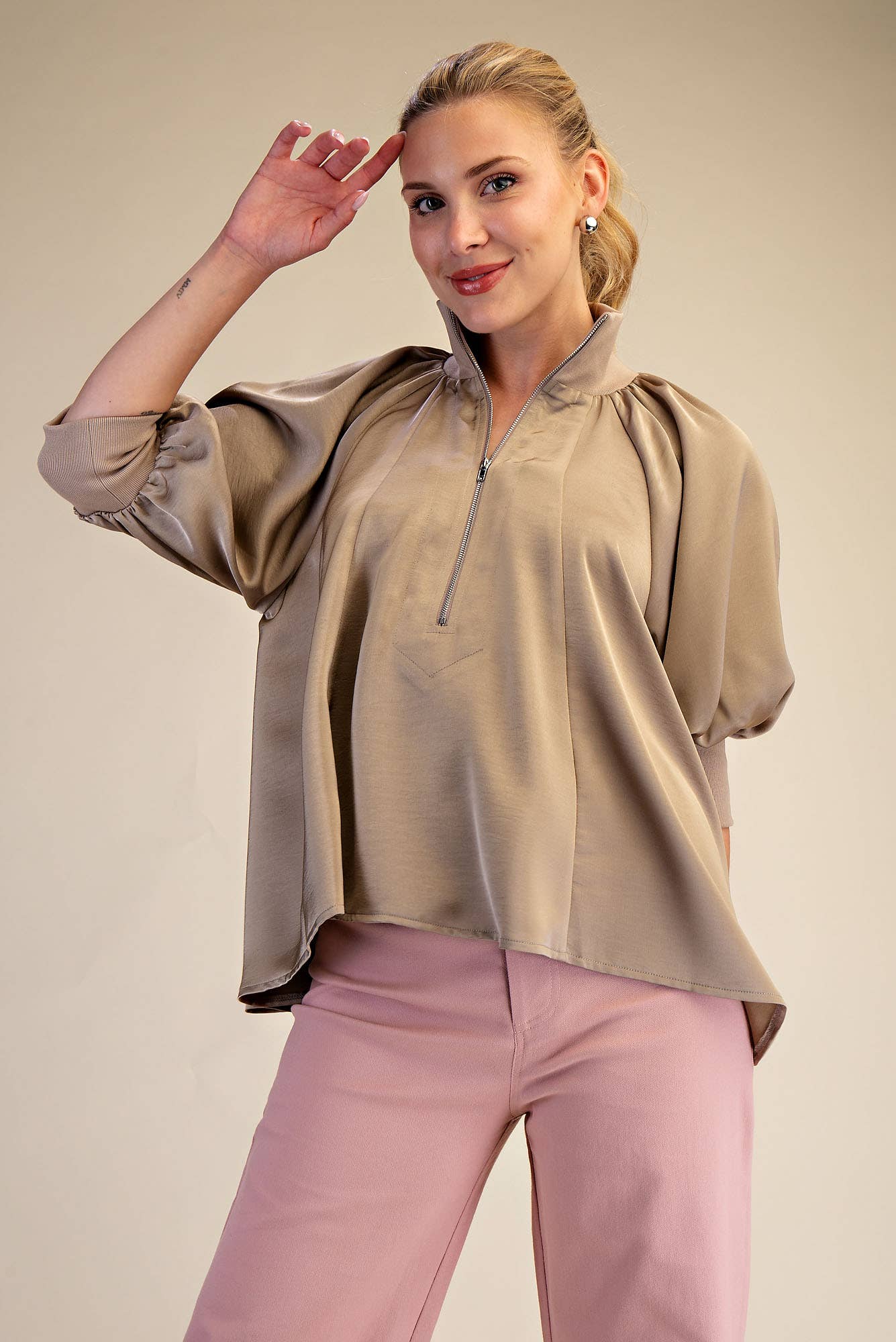 Mock Neck Band Puff Sleeve Elegance Blouse: Light Pink