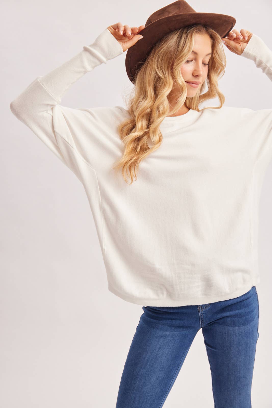 OVERSIZED BOXY DOLMAN SLEEVE SWEATER KNIT PULLOVER: IVORY