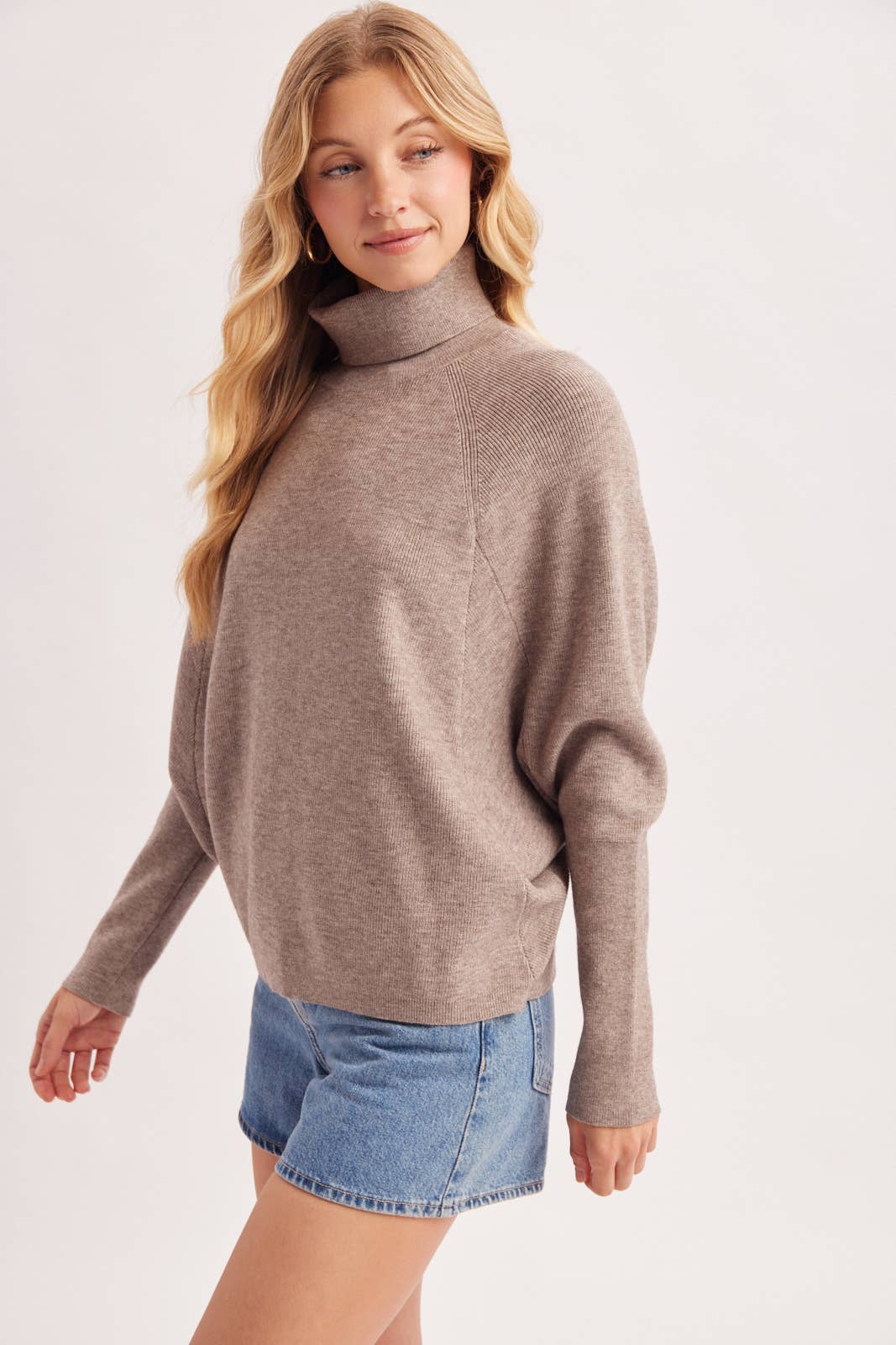 TURTLE NECK BATWING SLEEVED PULLOVER KNIT SWEATER: MELANG TAUPE