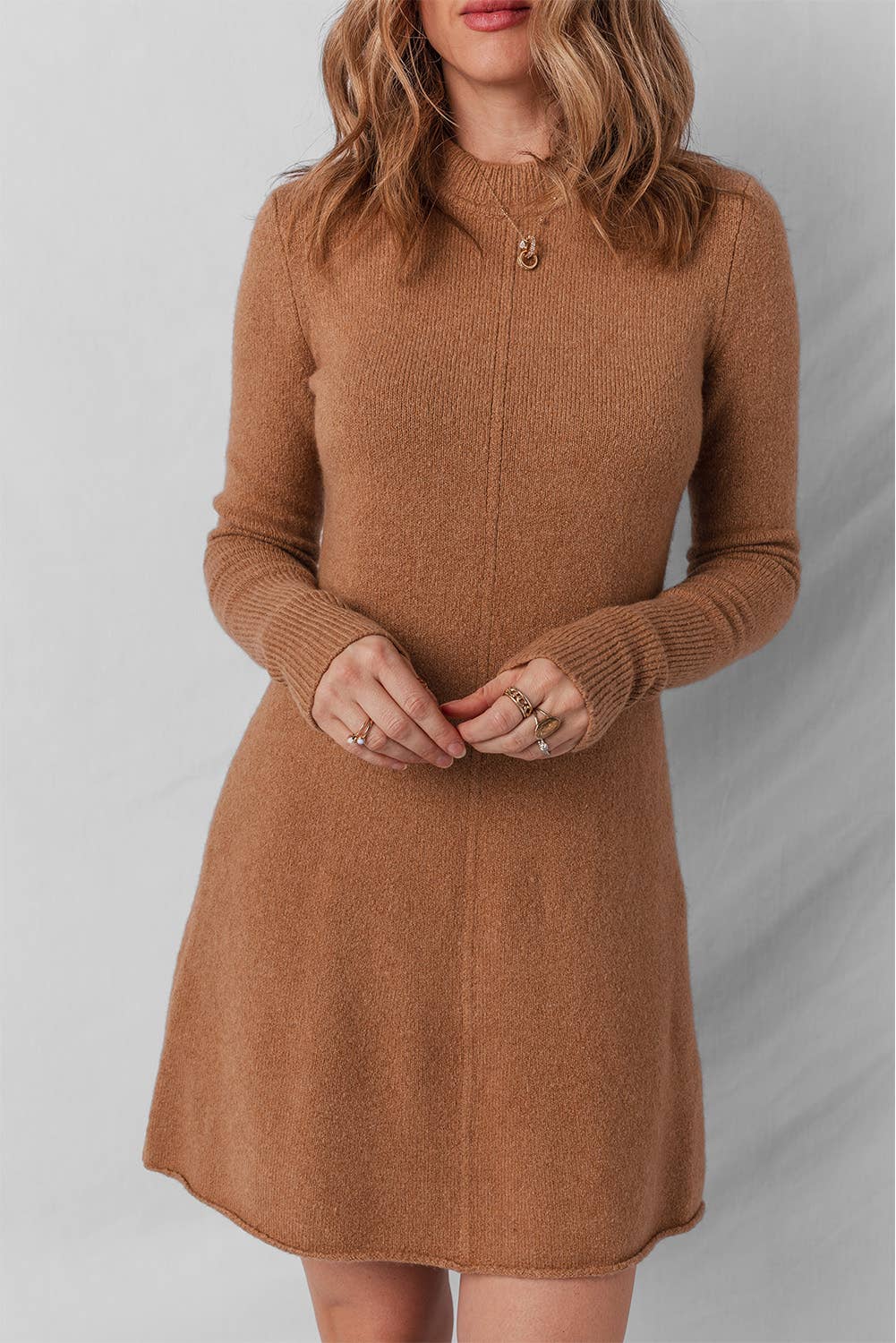Ribbed Detail Solid Color Mini Sweater Dress: Straw Yellow