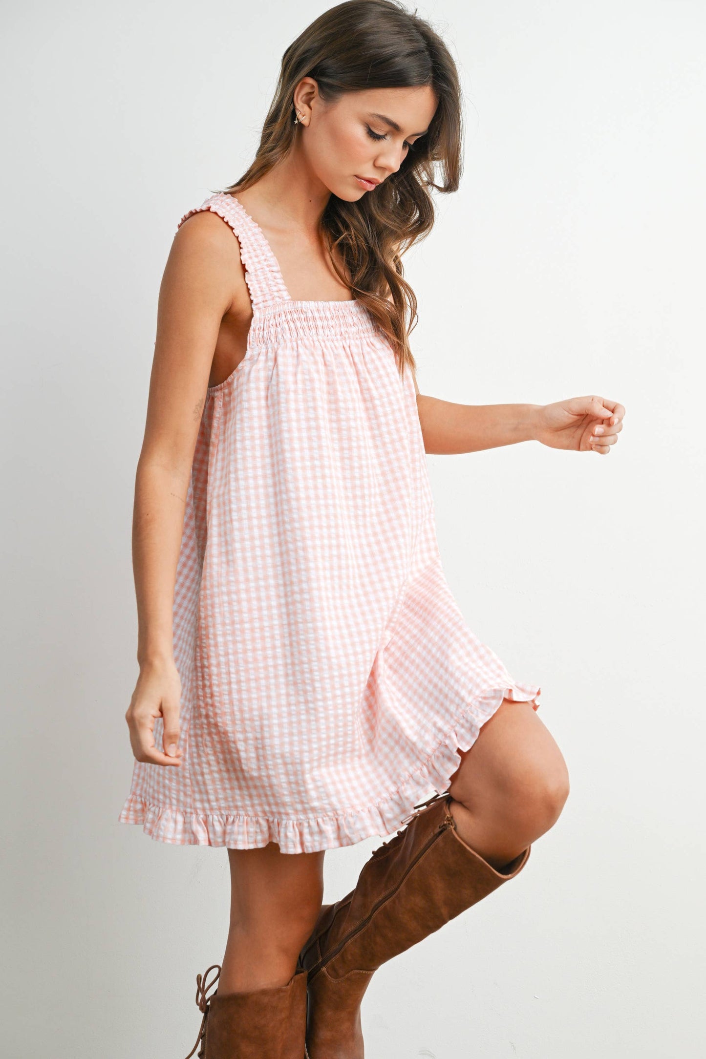 Back-Tie Smocked Yoke Ruffle Hem Dress - PINK / IVORY
