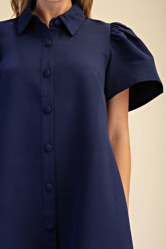 Collar Neck Button Down Mini Dress: Navy