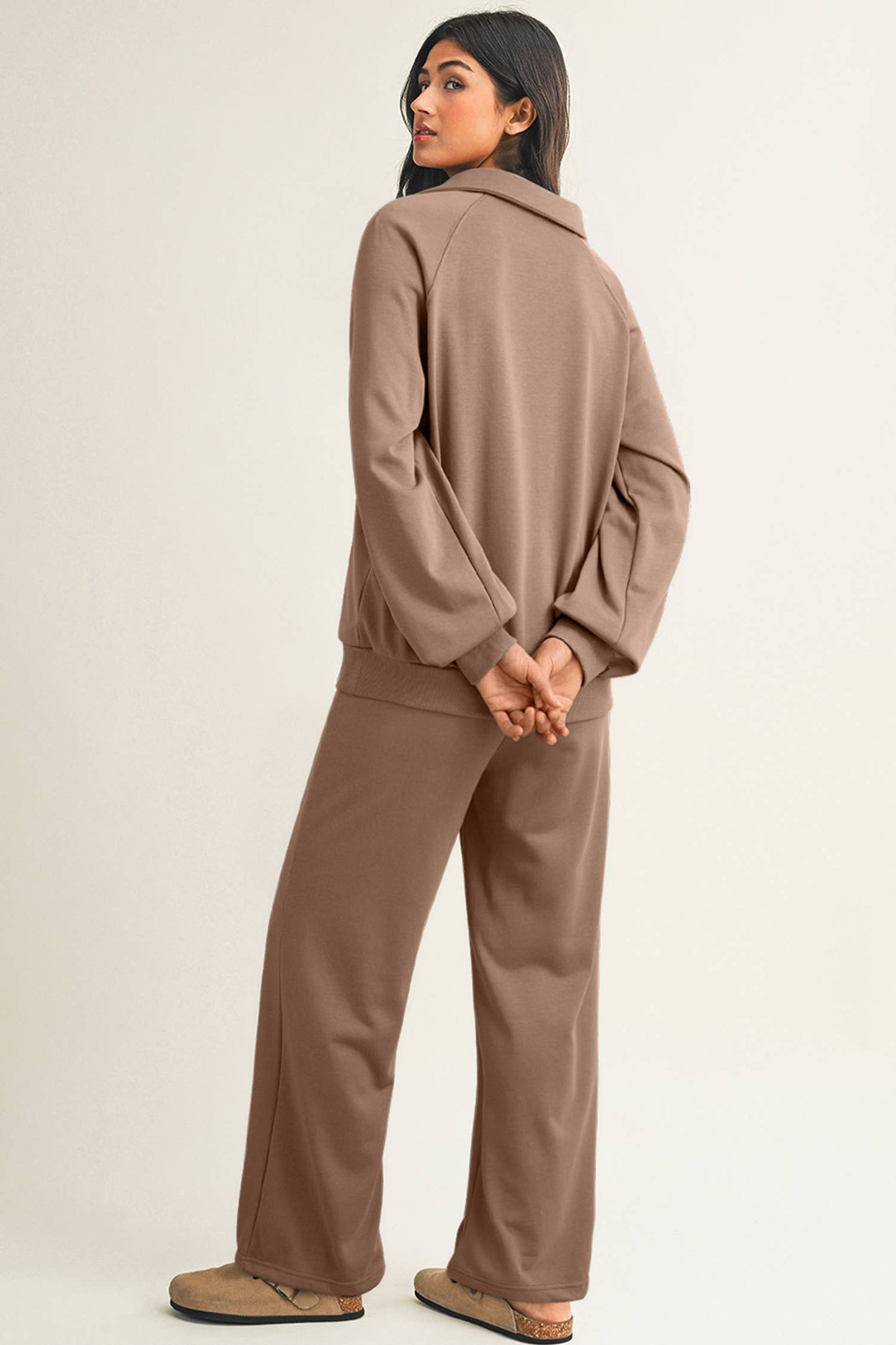 Collar V Neck Pullover and Drawstring Sweatpants Set: Dark Khaki