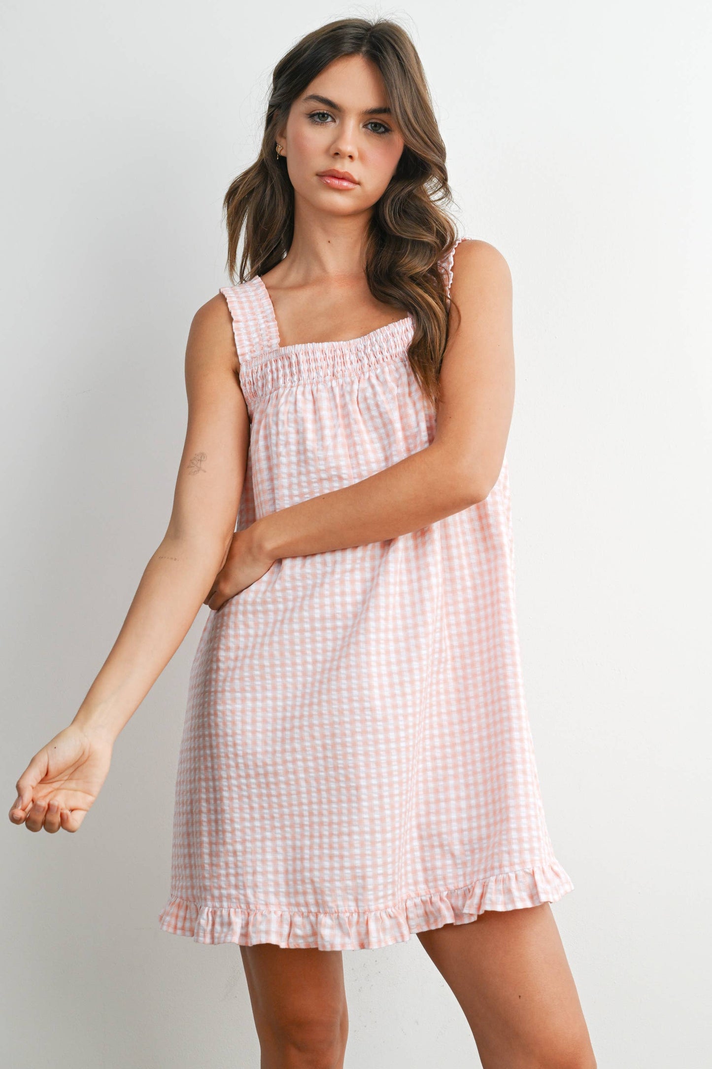 Back-Tie Smocked Yoke Ruffle Hem Dress - PINK / IVORY