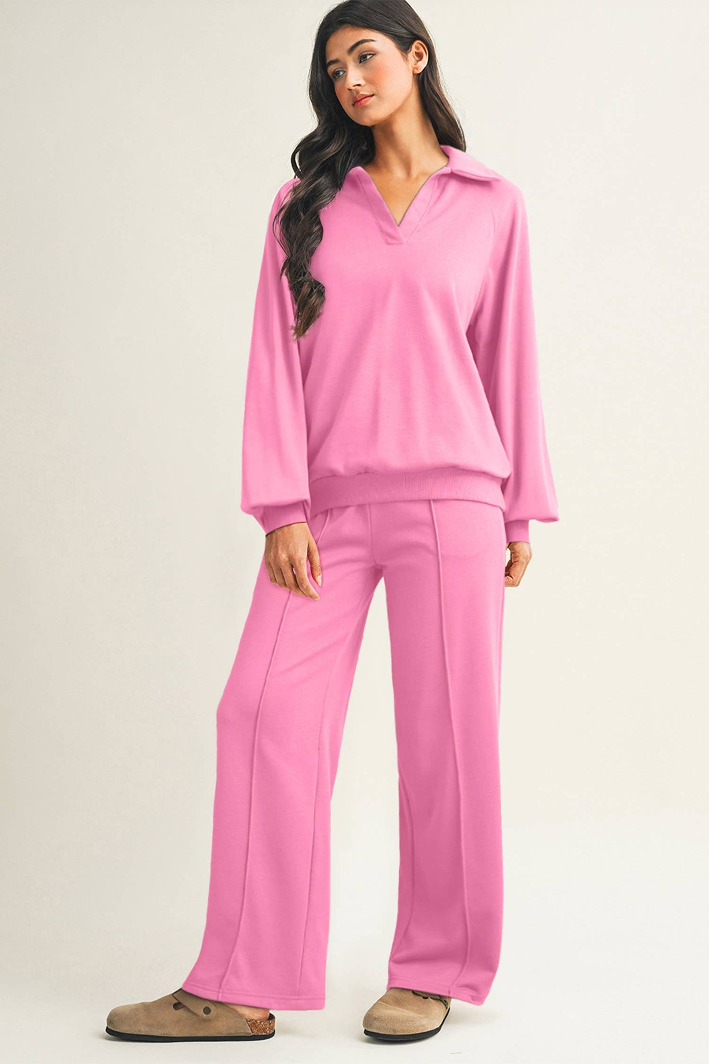 Collar V Neck Pullover and Drawstring Sweatpants Set: Dark Khaki