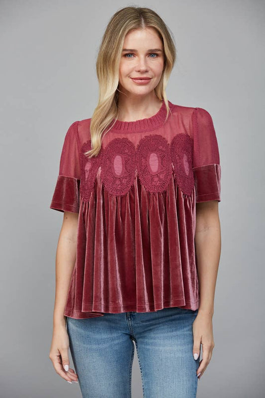LACE DETAIL VELVET BABYDOLL TOP: WOODROSE