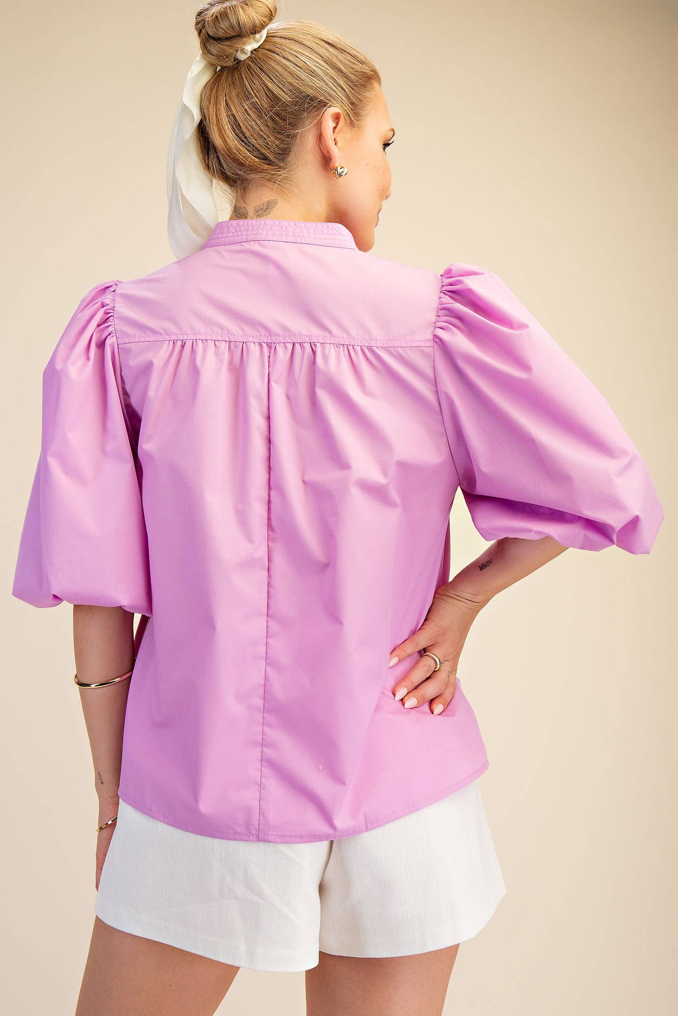 China Collar V-Neck Bubble Sleeve Poplin Top: Butter Yellow