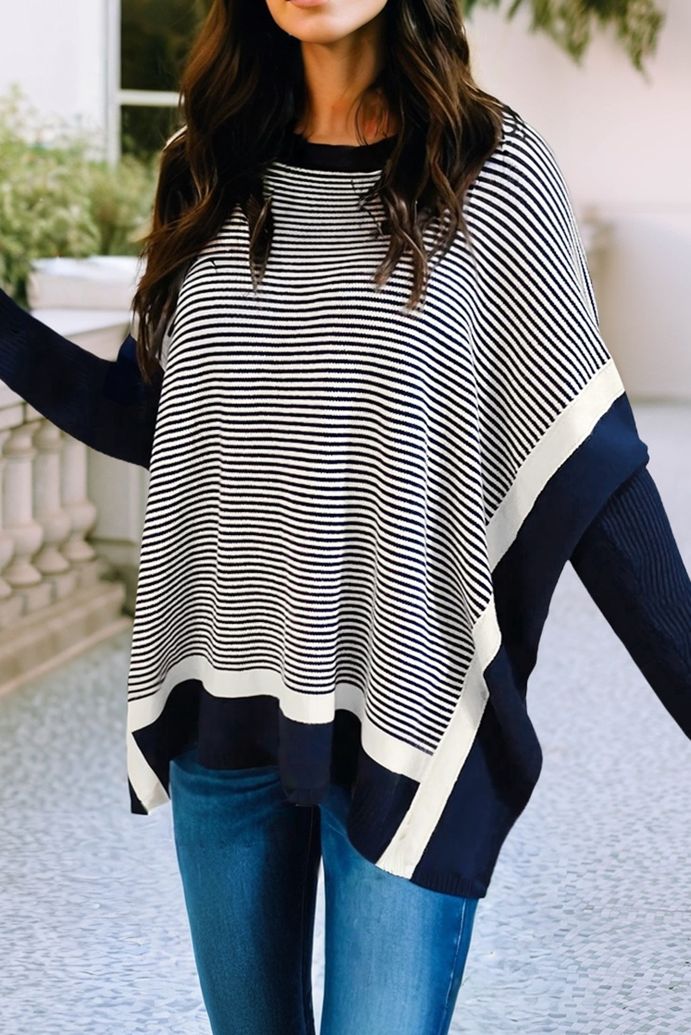 Color Block Patchwork Dolman Oversize Tunic Sweater: Blue
