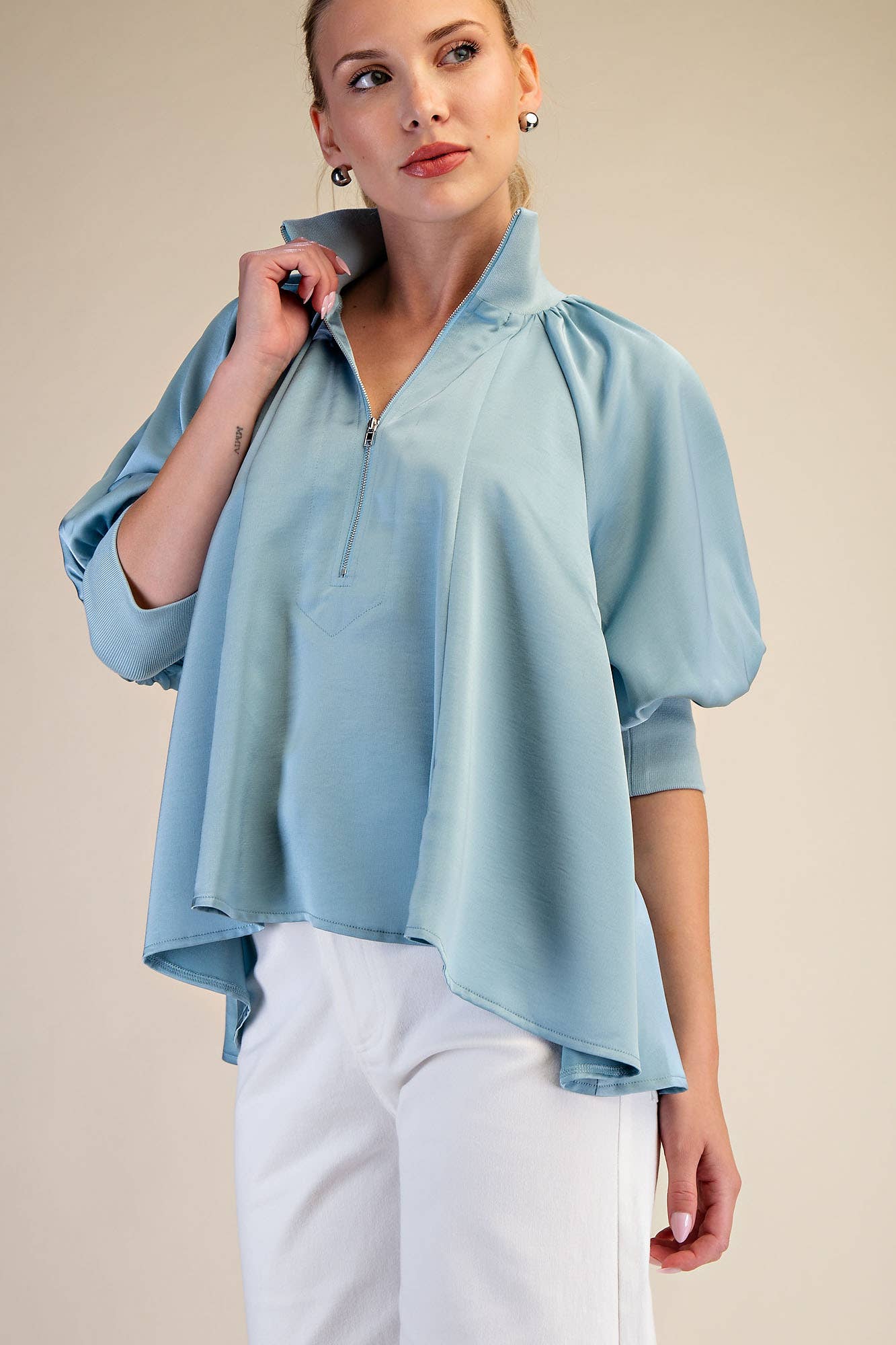 Mock Neck Band Puff Sleeve Elegance Blouse: Light Pink