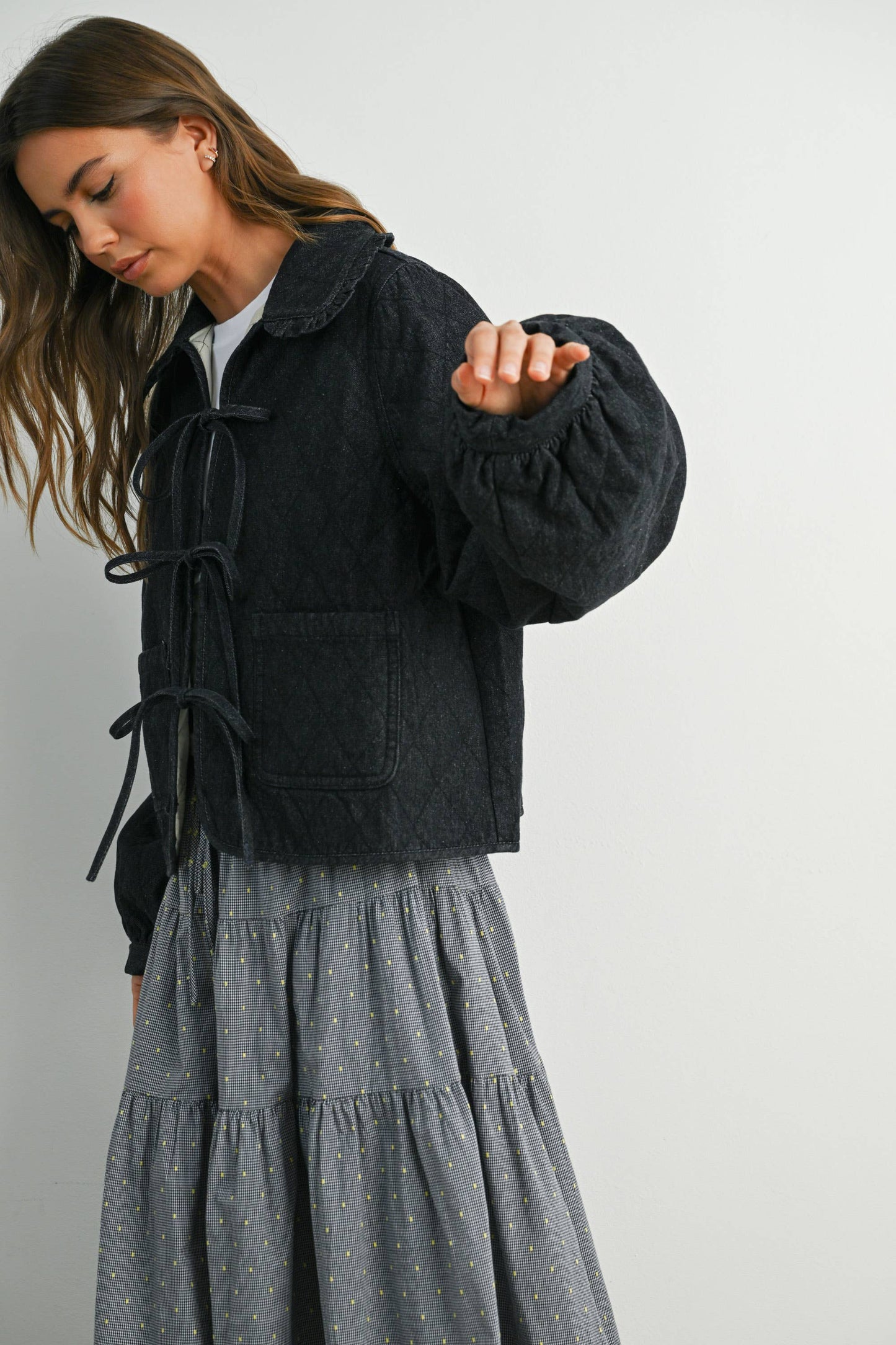 Quilted Long Sleeve Tie-Front Jacket - DENIM