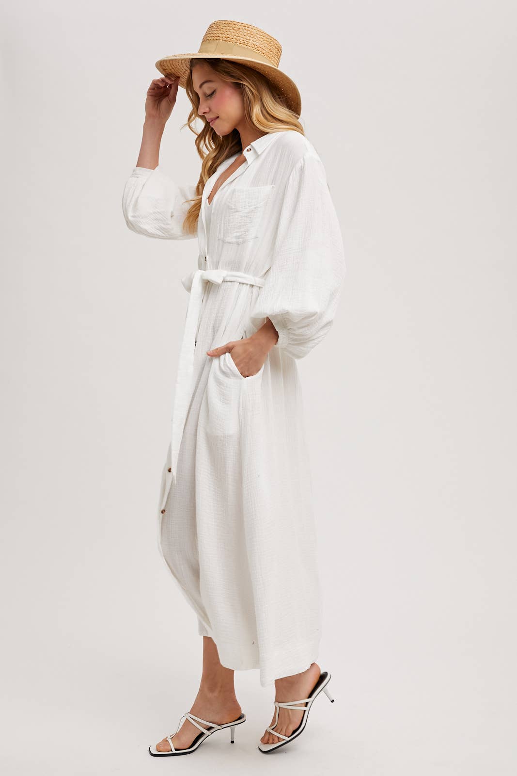 BUBBLE SLEEVE BELTED SHIRTS MIDI DRESS: MUSHROOM