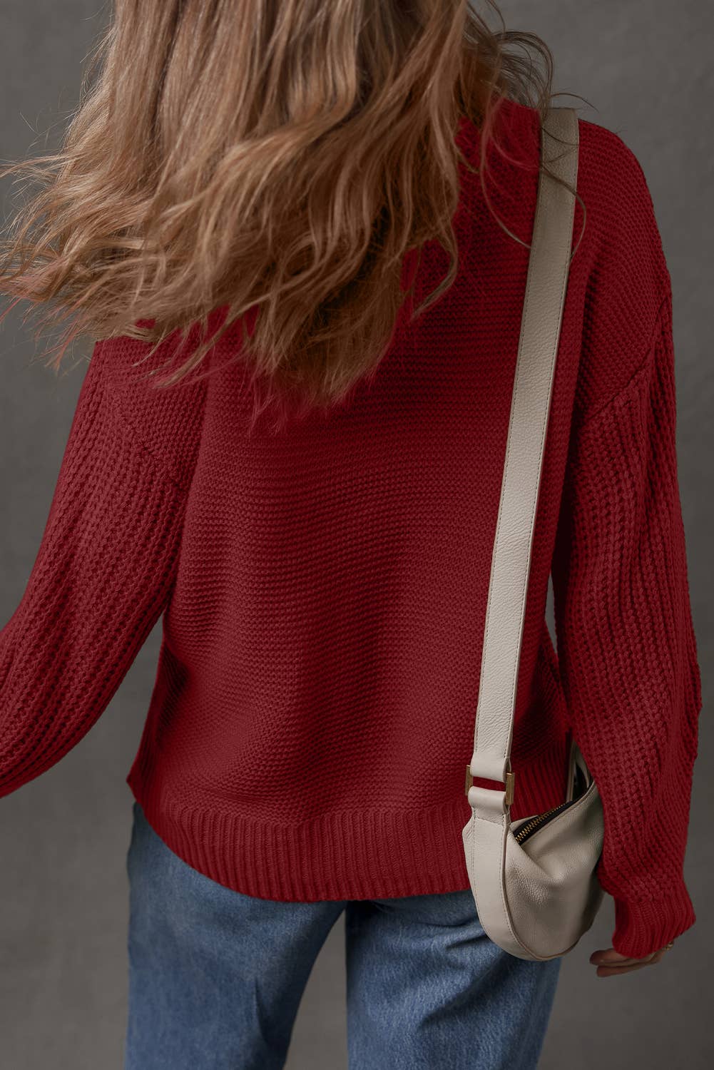 Solid Color Mix Texture Knit Front Seam Detail Sweater: Dirty blue