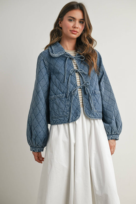 Quilted Long Sleeve Tie-Front Jacket - DENIM
