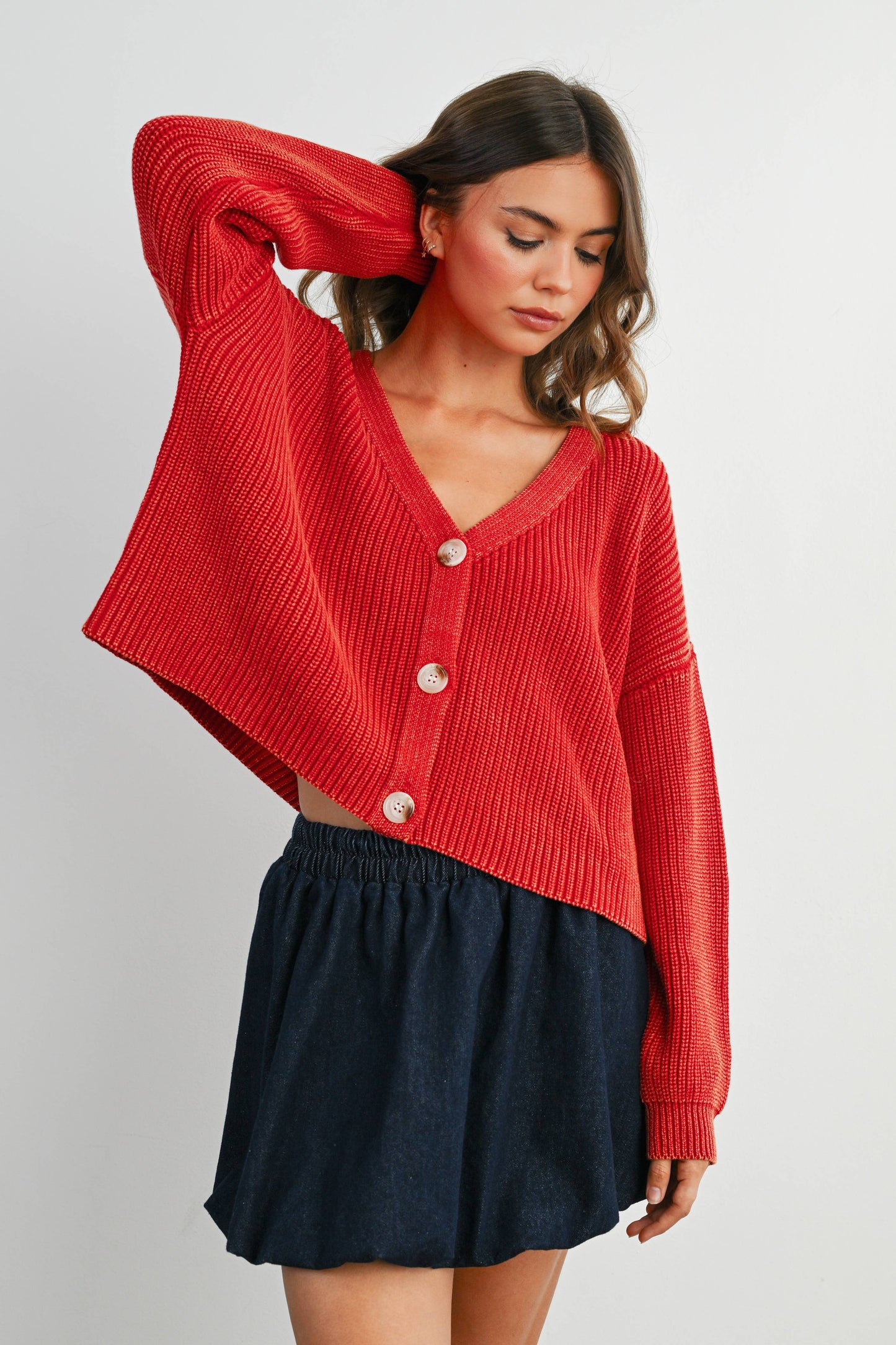 V-Neck Buttoned Ribbed Long Sleeve Cardigan