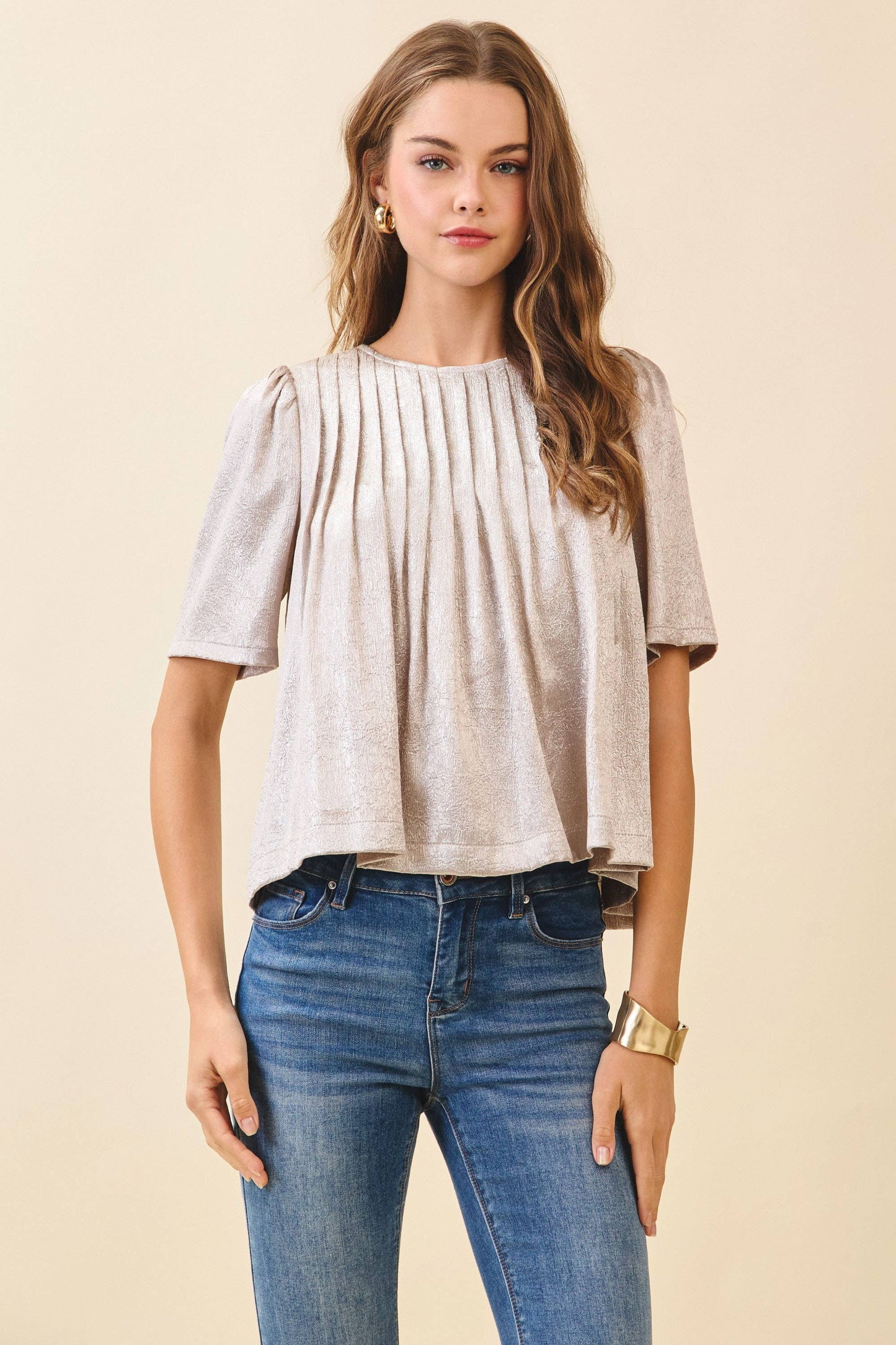 Silver Pleated Detail Round Neck Short Metallic Top