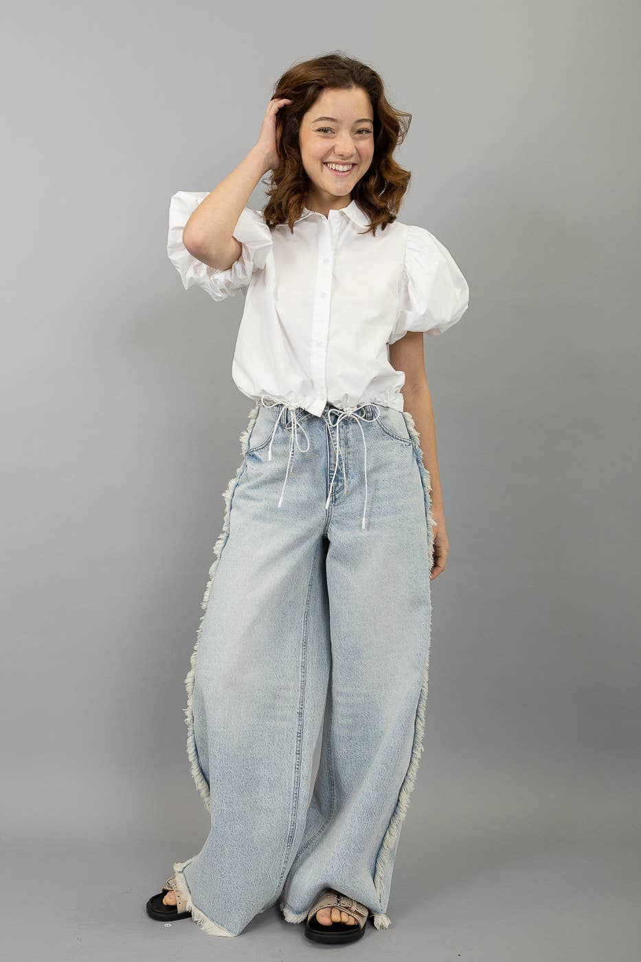 Drawstring Hem Puff Sleeve Blouse: LATTE