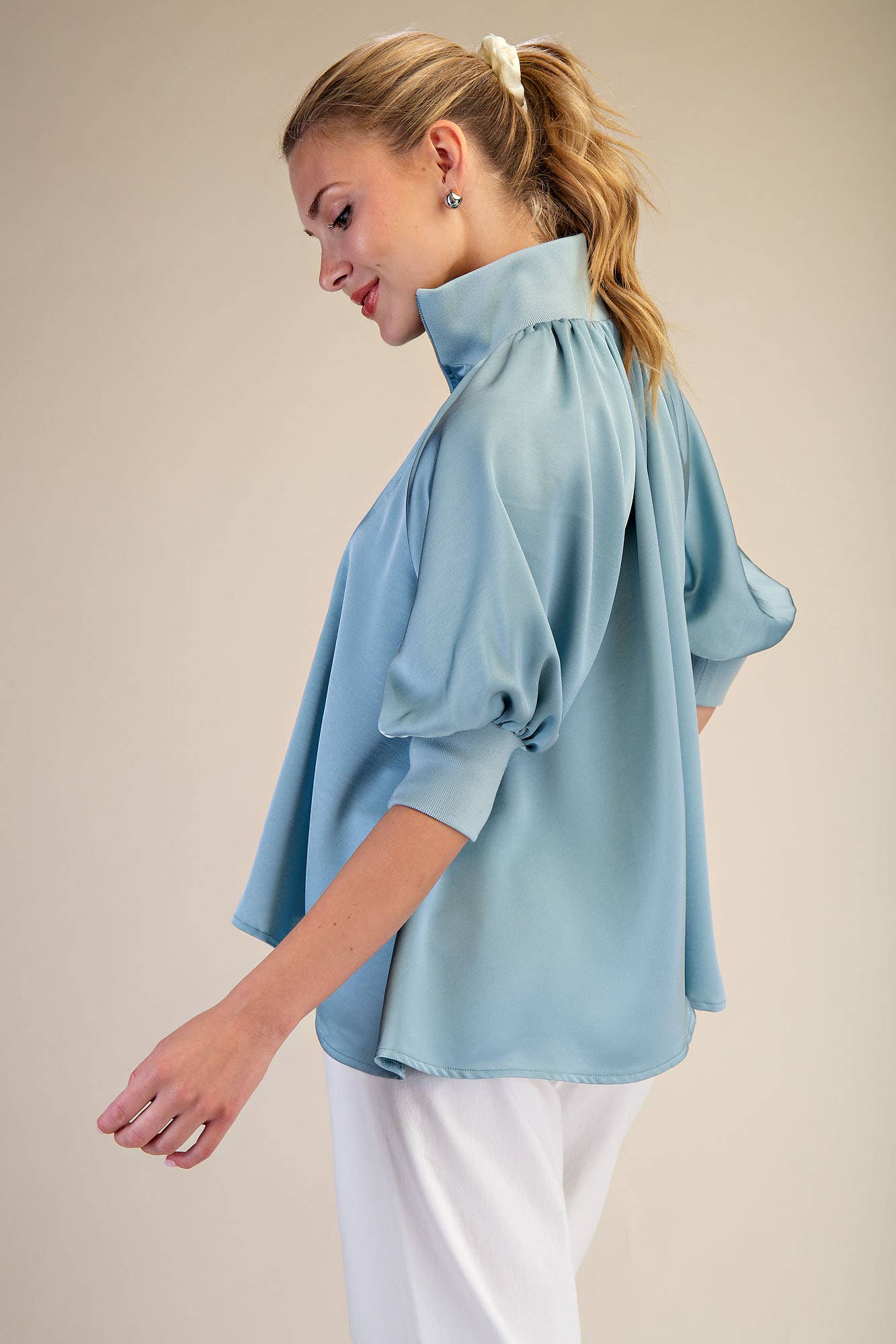 Mock Neck Band Puff Sleeve Elegance Blouse: Light Pink
