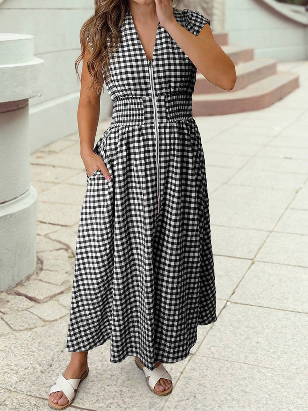 Full Zipper Gingham Waist Fit Flare Sleeveless Maxi Dress: Coffee
