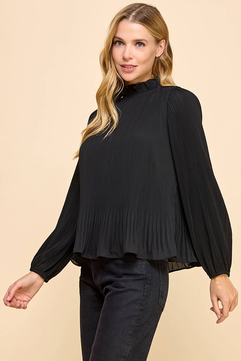 Pleated Construction Mock Neckline Top