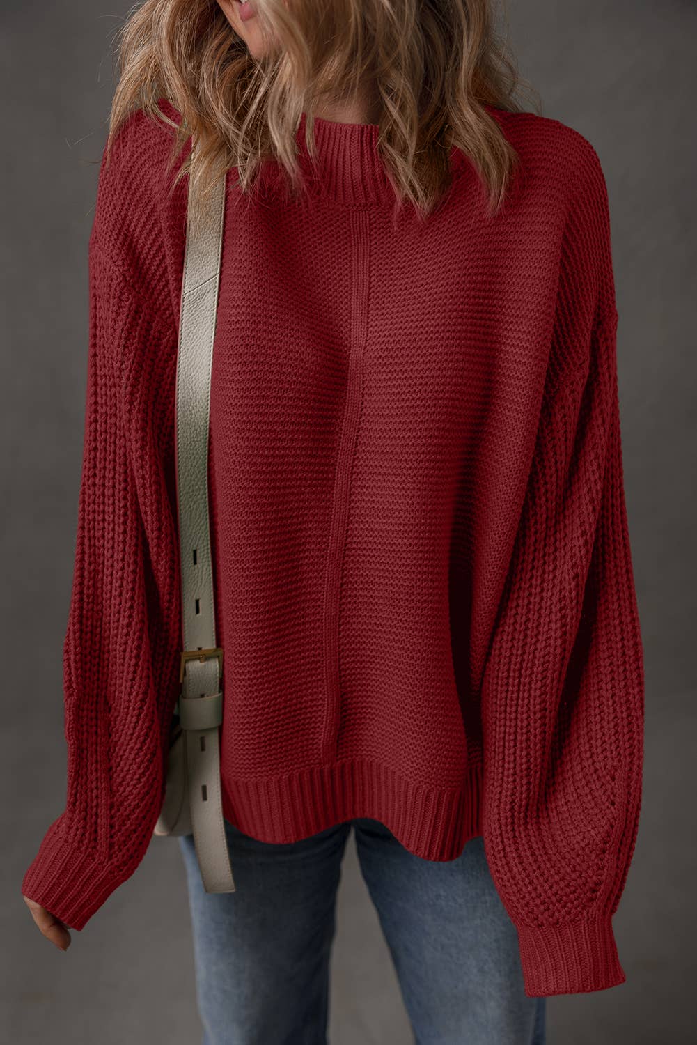 Solid Color Mix Texture Knit Front Seam Detail Sweater: Dirty blue