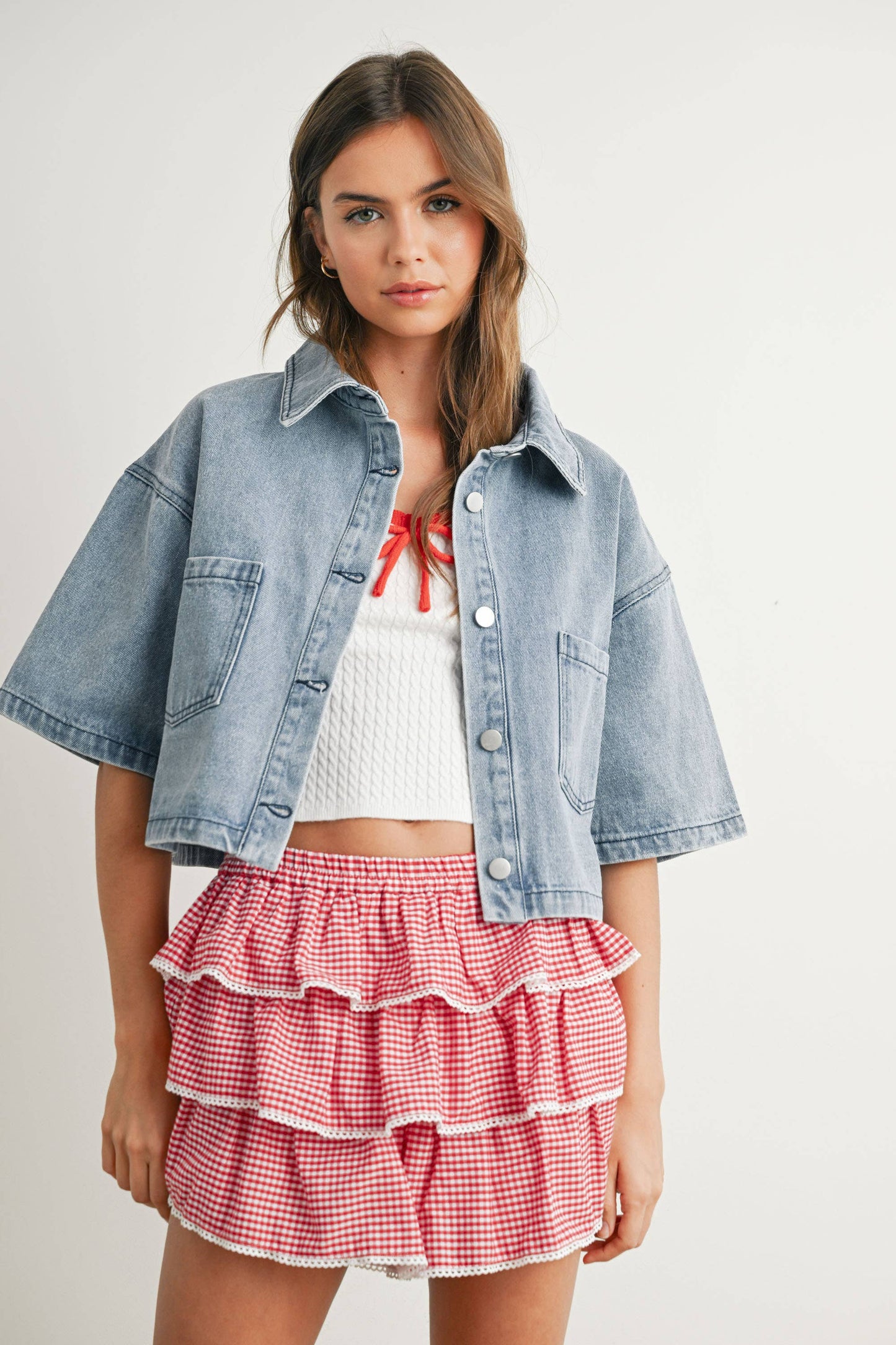 Button Front Cropped Shirt: DENIM