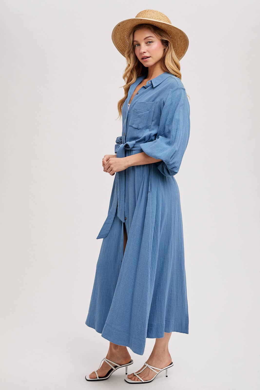 BUBBLE SLEEVE BELTED SHIRTS MIDI DRESS: MUSHROOM