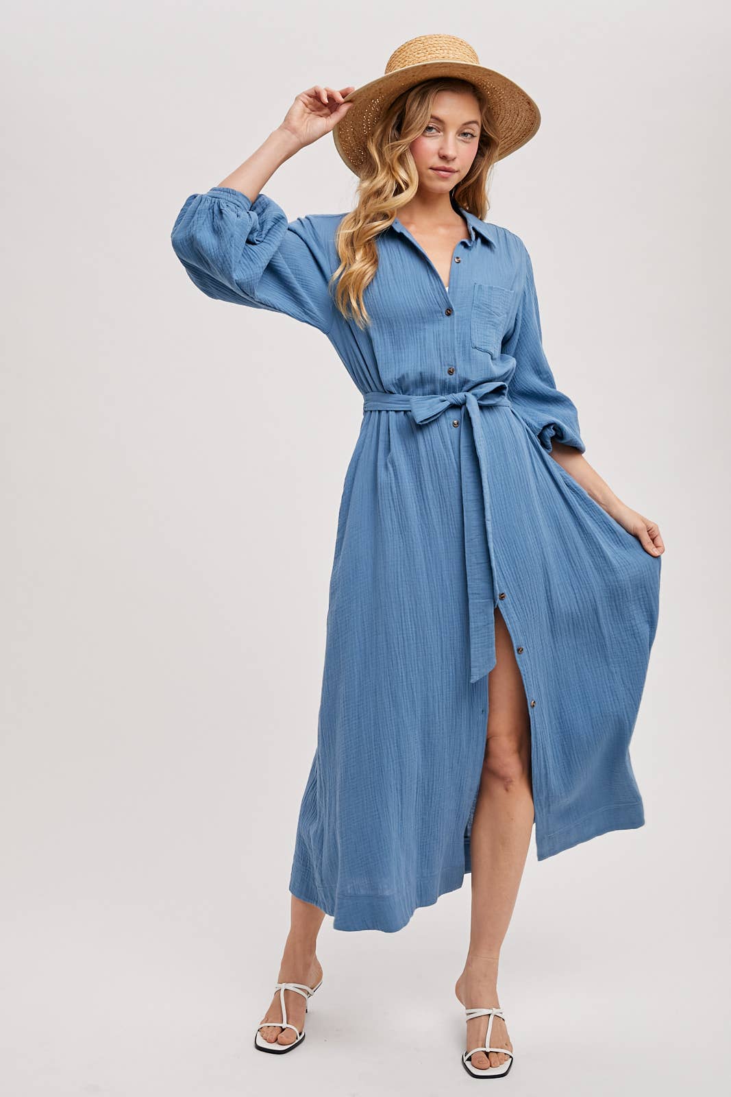 BUBBLE SLEEVE BELTED SHIRTS MIDI DRESS: MUSHROOM
